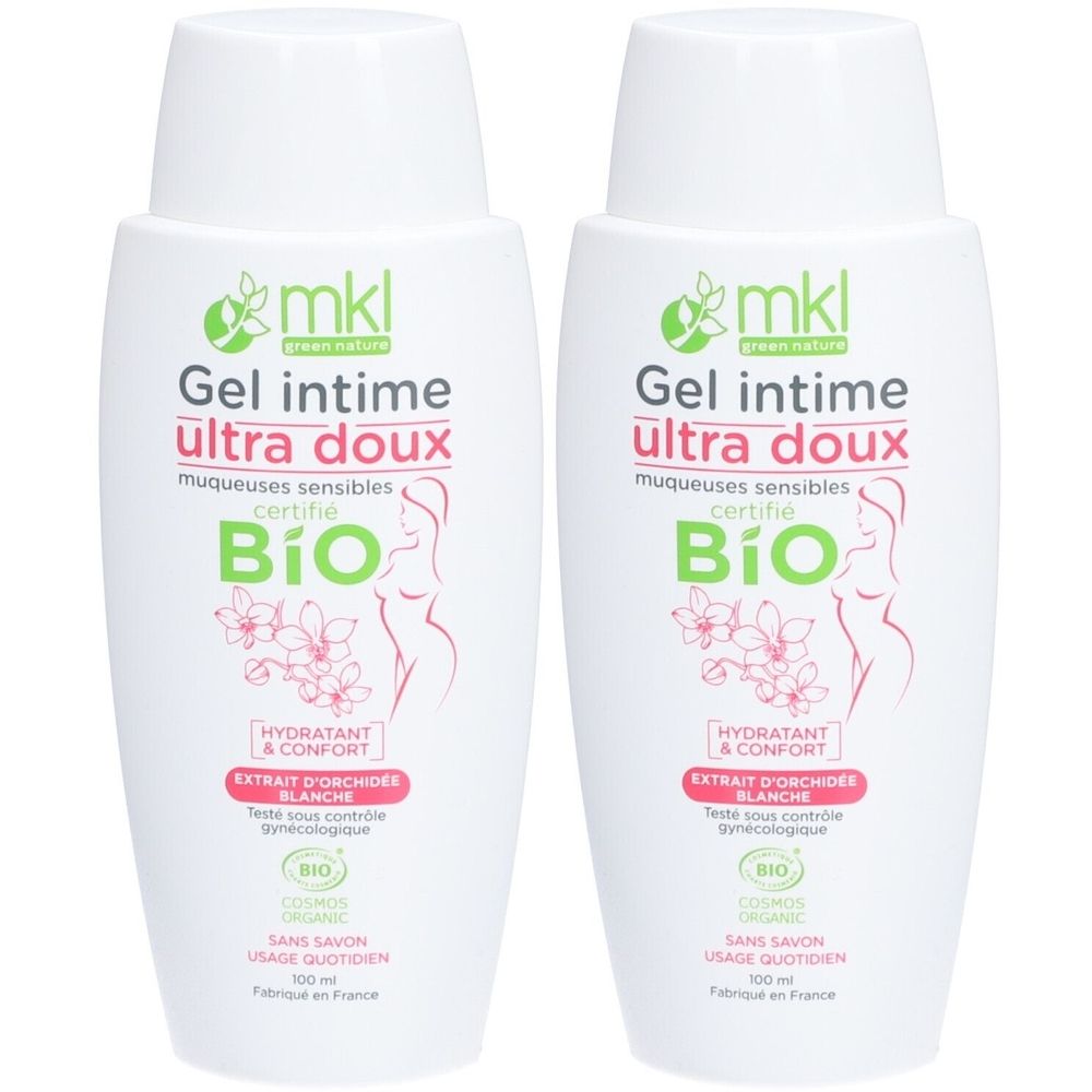 Deux flacons blancs de "Gel intime ultra doux". Inscription "BIO" et illustration d'une femme. Contient de l'extrait d'orchidée blanche.