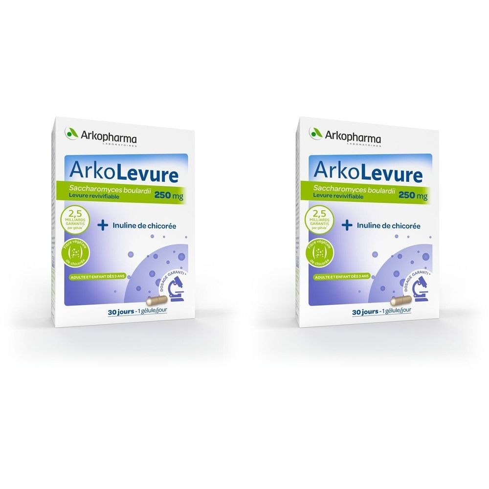 Deux boîtes d'ArkoLevure Arkopharma. Ingrédients : Saccharomyces boulardii, 250 mg, Inuline de chicorée. 30 jours.