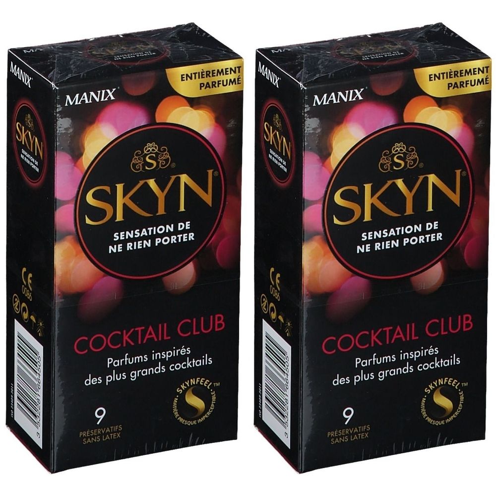 Deux boîtes de MANIX SKYN COCKTAIL CLUB. Emballage noir avec nom du produit et inscription "9". Contient des préservatifs.