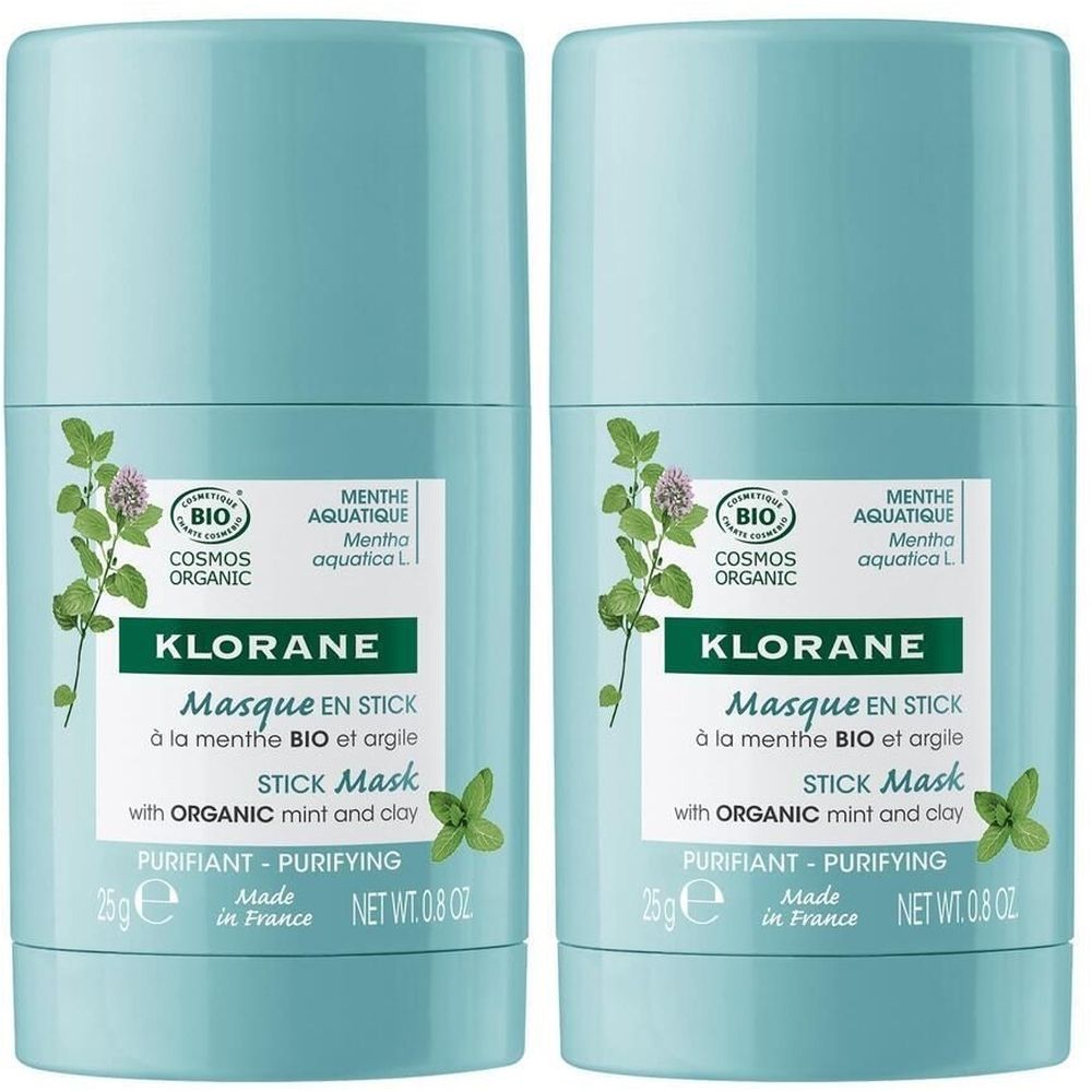 Deux sticks de masque cylindriques bleu clair. Inscription: KLORANE, Masque en Stick, menthe BIO et argile. Avec label bio.