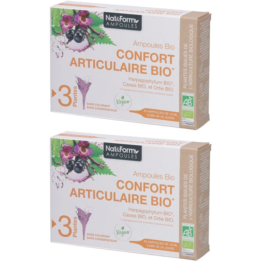 Deux boîtes de compléments alimentaires Nat&Form. Inscription: Confort Articulaire Bio. Label AB et Vegan. Contient 3 plantes.