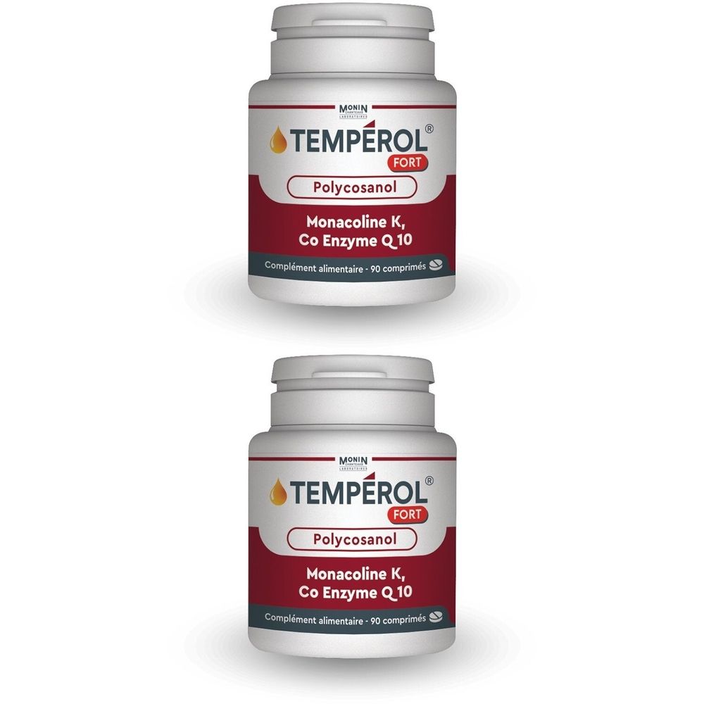Deux flacons blancs avec étiquette rouge. Inscription: TEMPÉROL FORT, Polycosanol, Monacoline K, Co Enzyme Q10. Complément alimentaire.