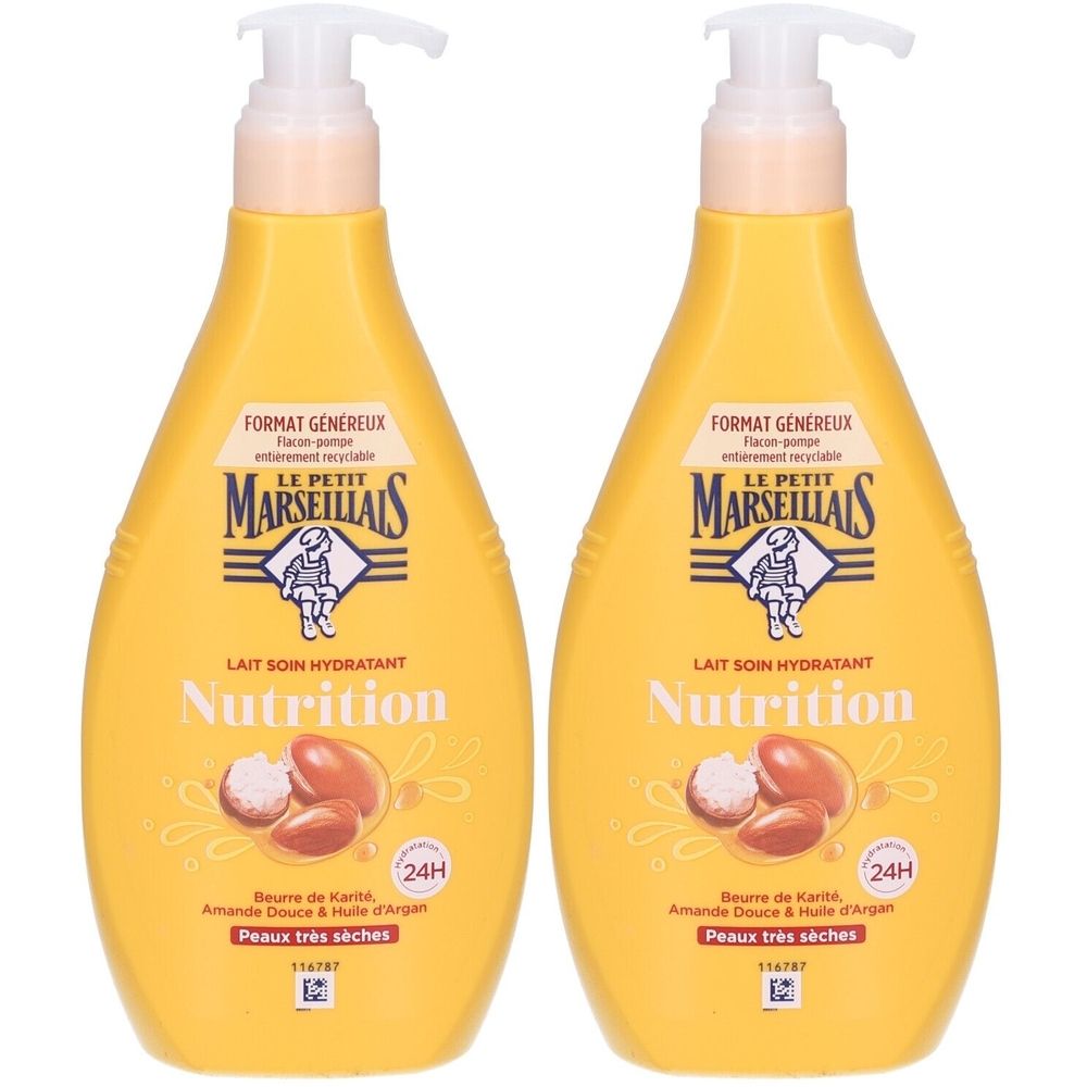 Deux flacons jaunes avec pompe. Inscription: LE PETIT MARSEILLAIS, Lait Soin Hydratant Nutrition, pour peaux très sèches. 24H.