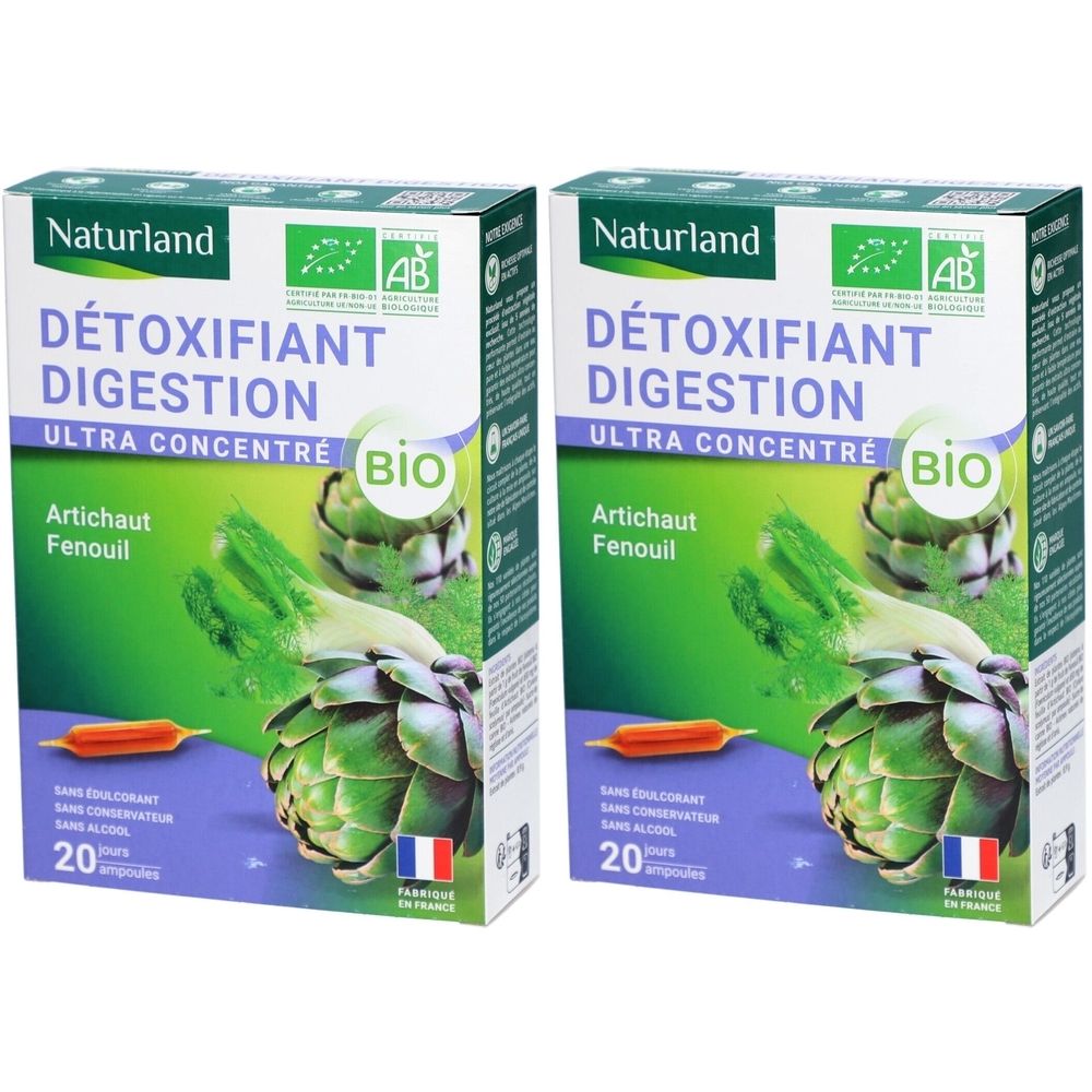 Deux boîtes de "DÉTOXIFIANT DIGESTION BIO". Certification bio. Artichaut et fenouil illustrés. 20 ampoules.
