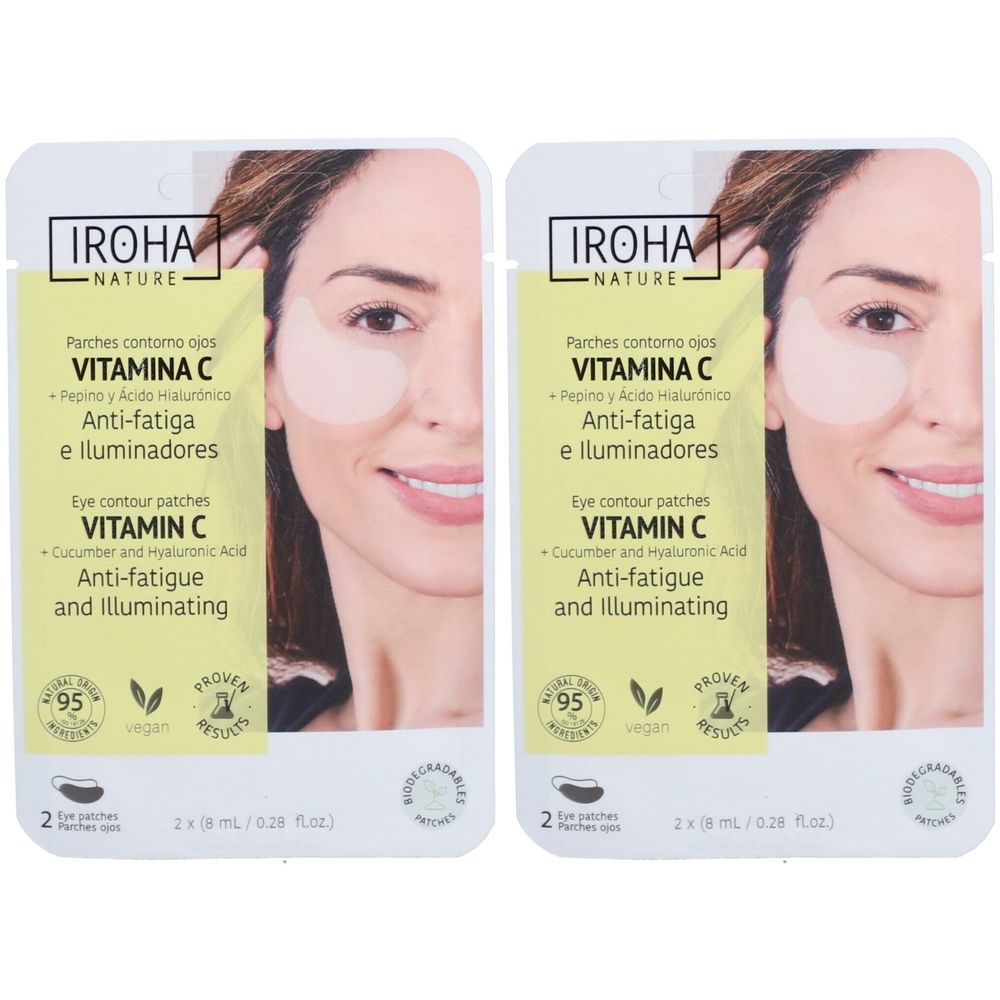 Deux paquets de patchs pour les yeux. Inscription : IROHA NATURE, Vitamine C, Anti-fatigue et Illuminateur. Contient 2 patchs.