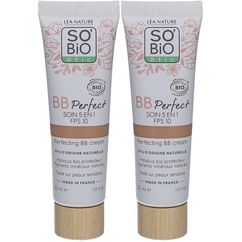 Deux tubes de crème BB Perfect. Blancs, contenu brun. Inscription: SO'BiO étic, BIO, FPS 10. Bouchon à vis aspect bois.
