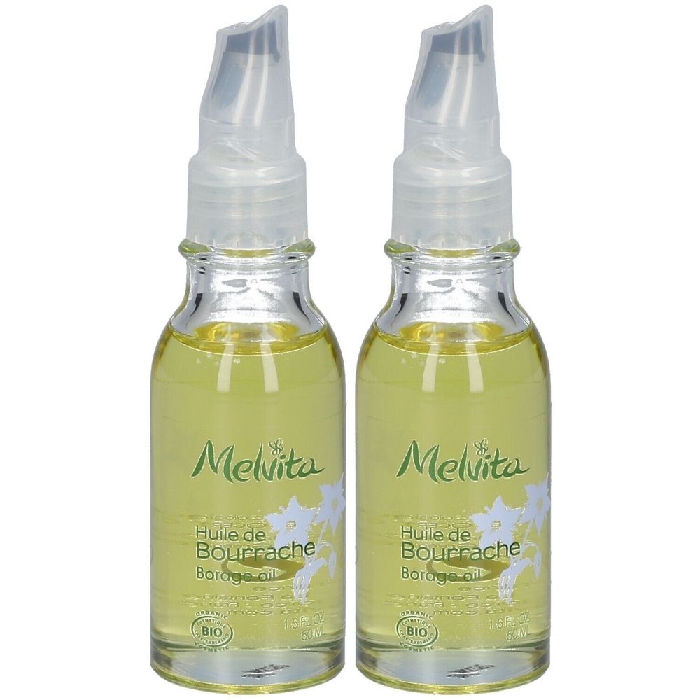 Deux flacons en verre contenant un liquide jaunâtre. Inscription: Melvita Huile de Bourrache bio. Avec applicateur et label bio.