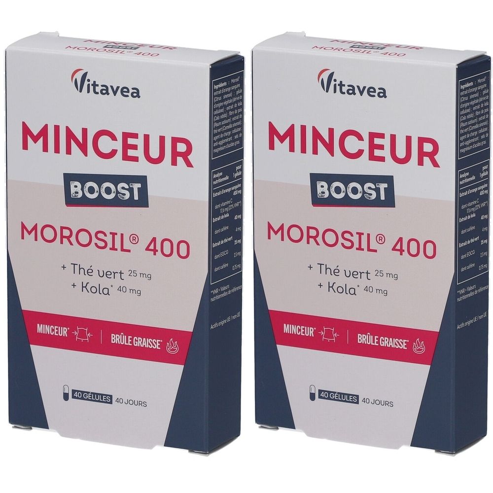 Deux boîtes blanches "Vitavea MINCEUR BOOST MOROSIL 400". Contient du thé vert et du kola. Inscription "MINCEUR BRÛLE GRAISSE".
