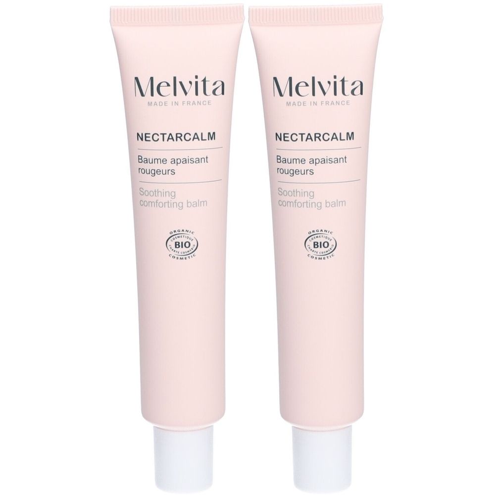 Deux tubes de crème rose. Inscriptions : Melvita, NectarCalm, Baume apaisant rougeurs, Soothing comforting balm. Label Bio.