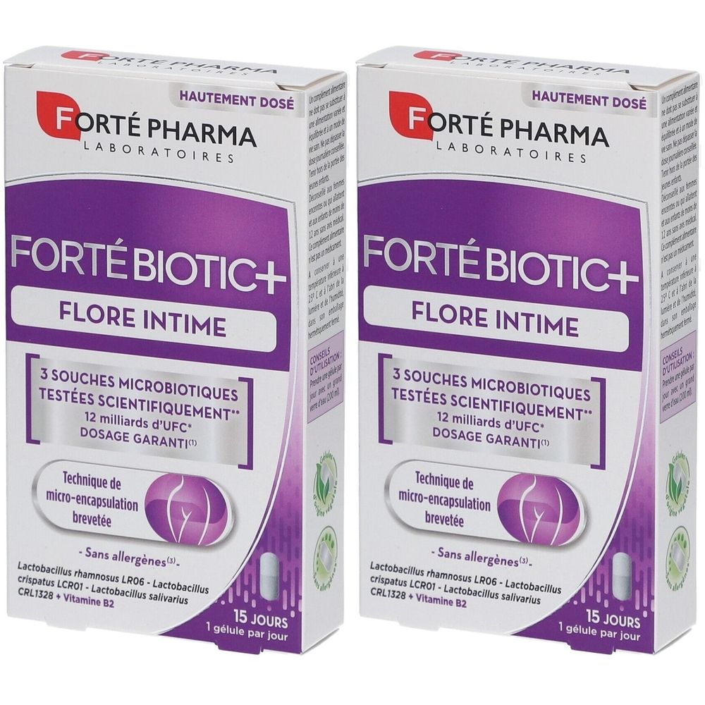 Deux boîtes de Forté Biotic+ Flore Intime. Boîtes blanches avec accents violets. Contient 15 gélules. Marque et nom du produit visibles.
