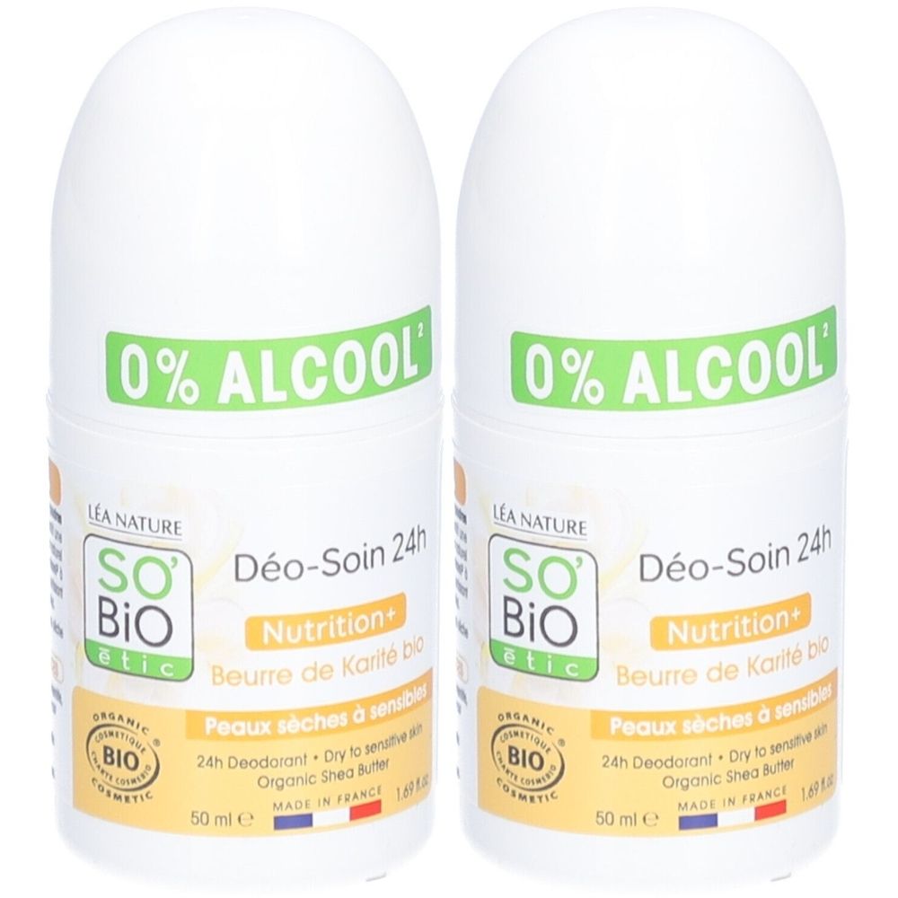 Deux déodorants roll-on blancs avec étiquettes vertes et jaunes. Inscriptions : 0% ALCOOL, SO BIO, Déo-Soin 24h, Nutrition+, Beurre de Karité bio.