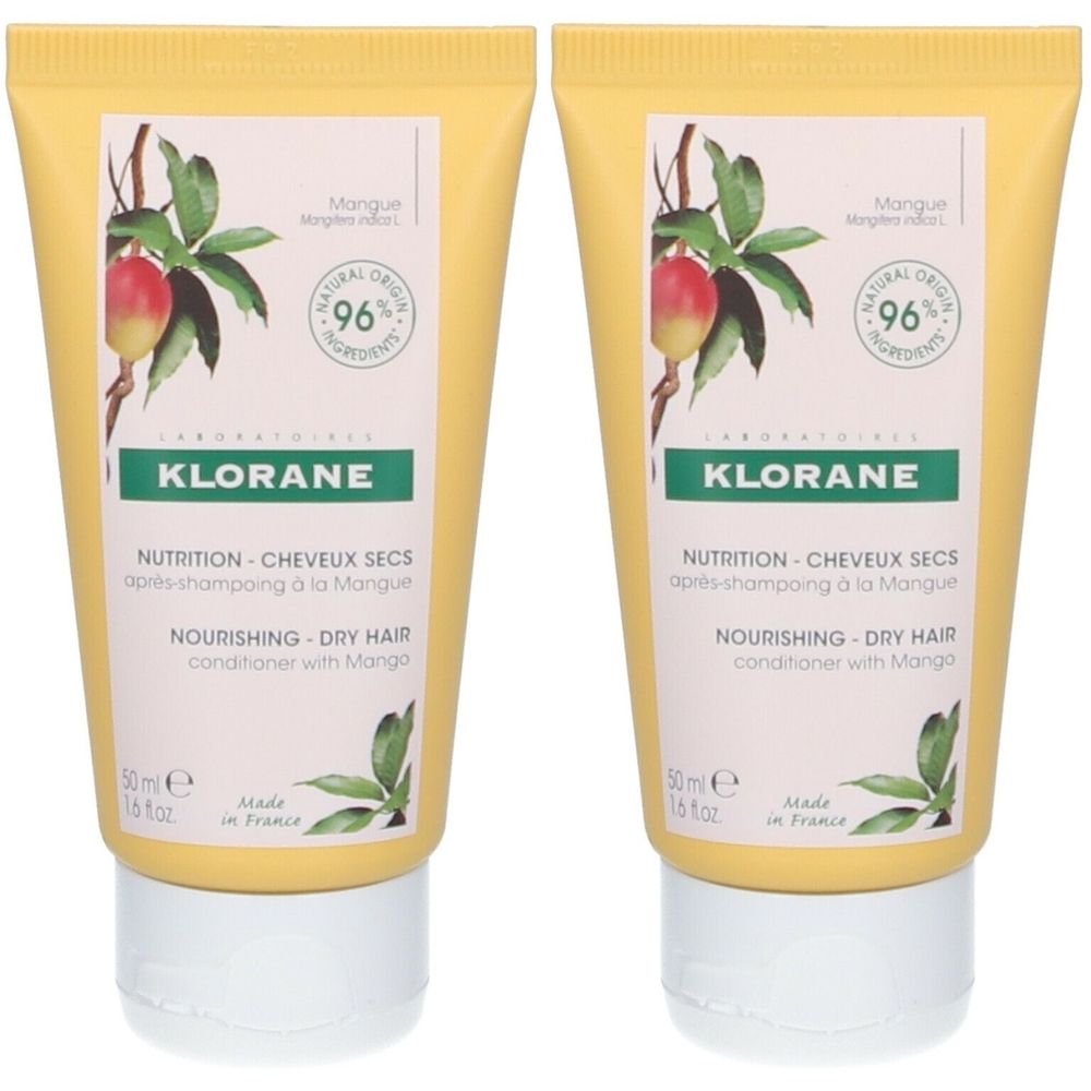Deux tubes jaunes de revitalisant KLORANE. Illustration de mangue. Inscription : Nutrition Cheveux Secs, 96% ingrédients naturels.