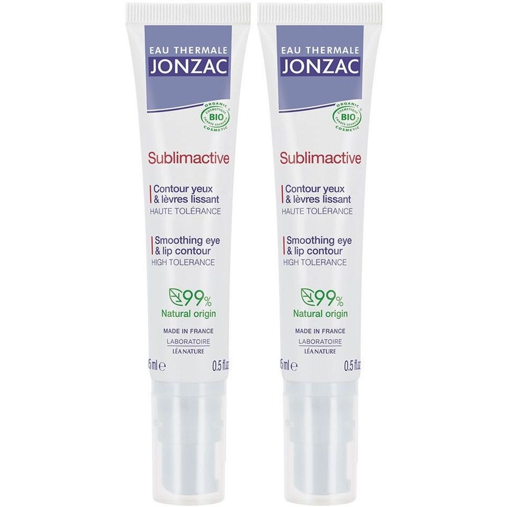 Deux tubes blancs. Inscriptions: Jonzac, Sublimactive, Contour yeux & lèvres lissant, Smoothing eye & lip contour. Label Bio.
