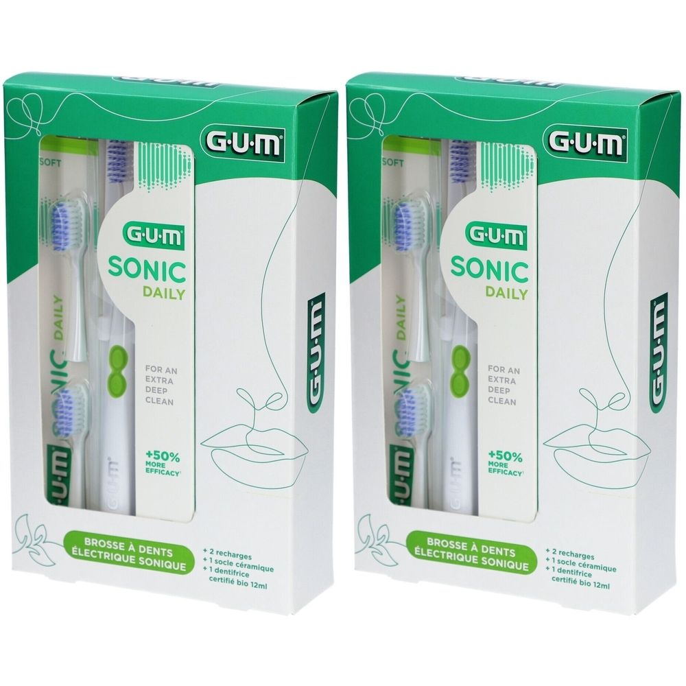 Deux boîtes de brosses à dents électriques GUM Sonic Daily. Contiennent des têtes de brosse et un chargeur. Emballage vert et blanc.