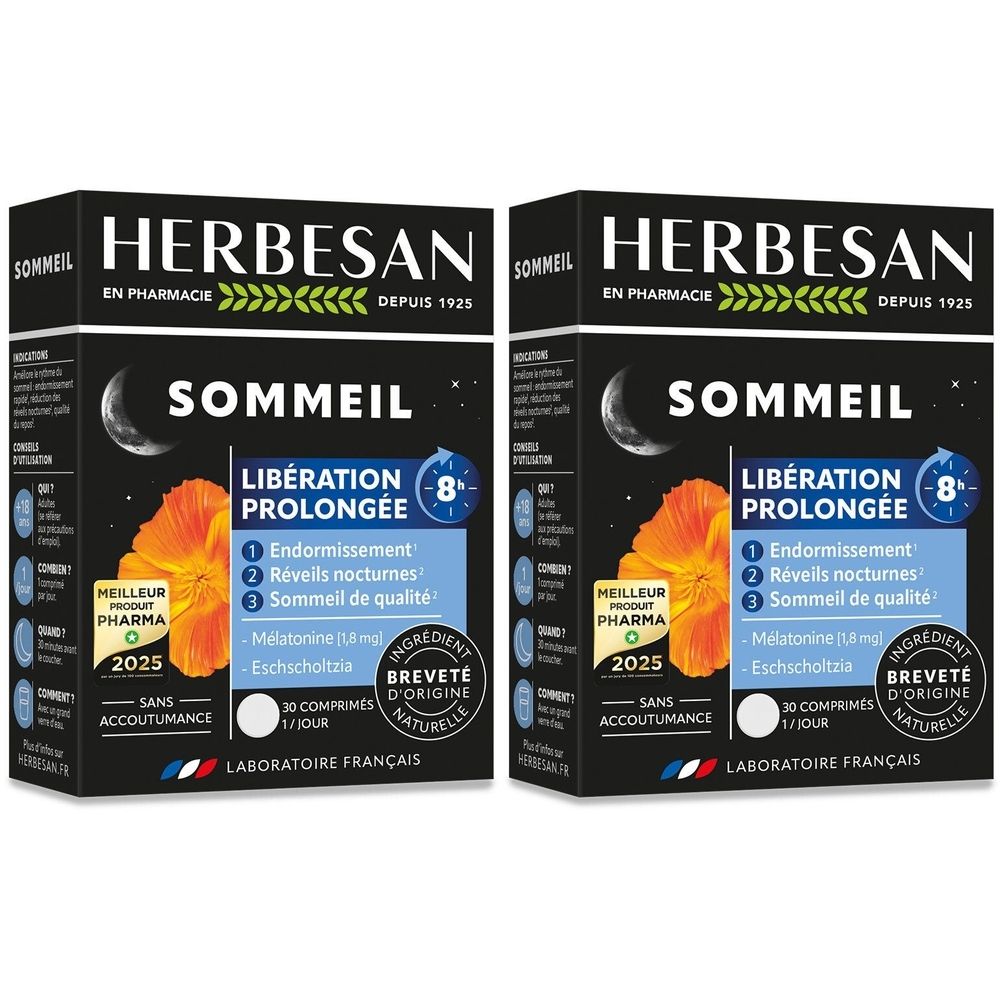 Deux boîtes de Herbesan Sommeil. Emballage noir avec lune, fleur et texte. Contient 30 comprimés. Avec mélatonine.