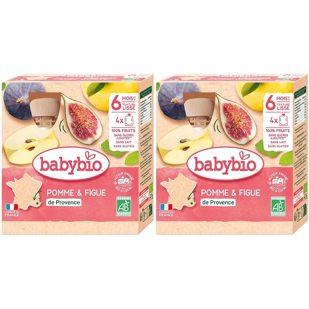 Deux boîtes de nourriture pour bébé Babybio. Inscription : Pomme & Figue de Provence, 6 mois, lisse, 100% fruits, sans sucres ajoutés, sans lait, sans gluten.
