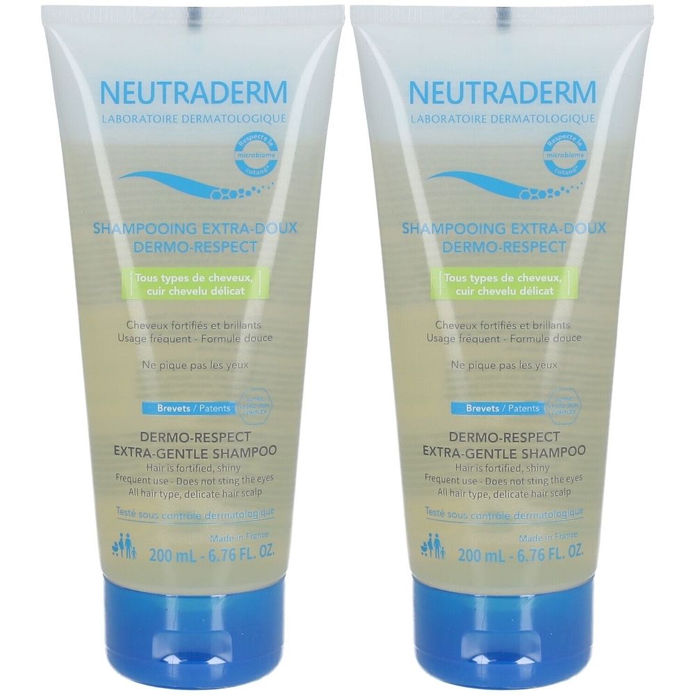 Deux tubes de NEUTRADERM Shampooing Extra-Doux Dermo-Respect. Tubes blancs avec bouchons bleus. Texte en français et anglais.