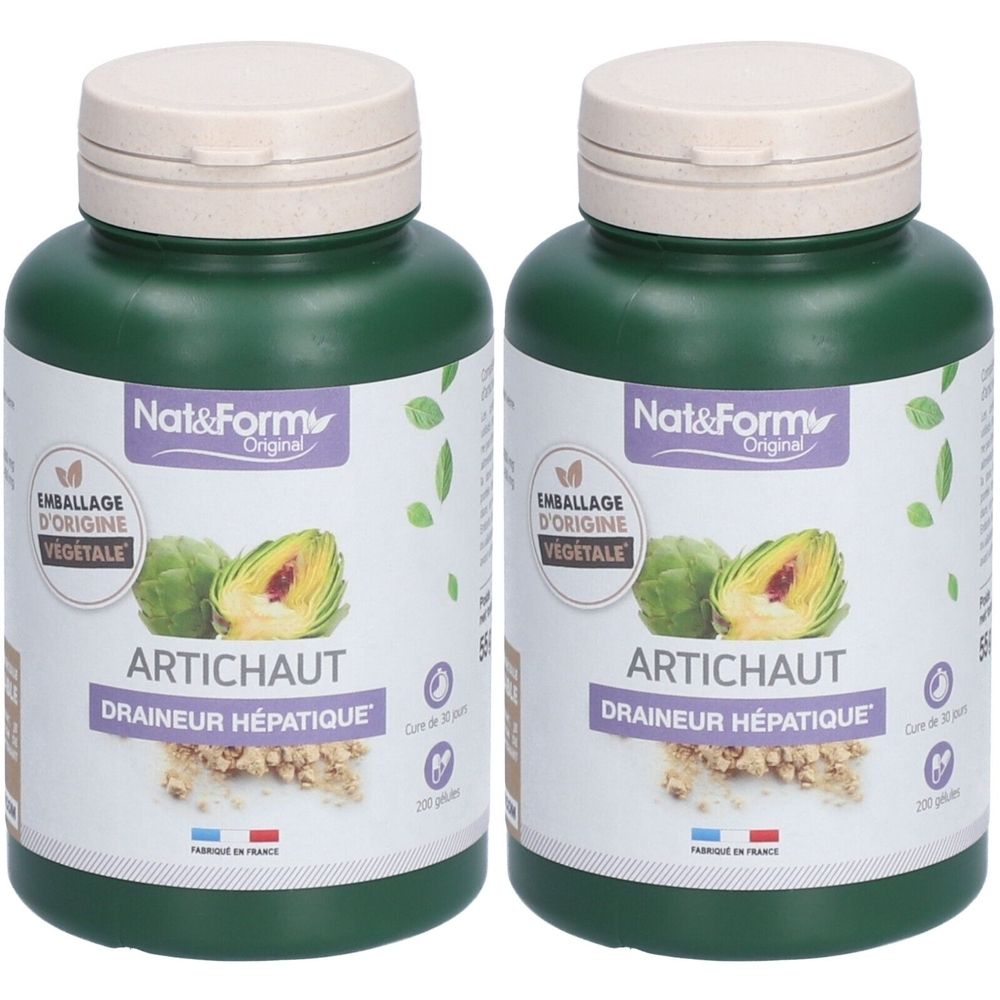 Deux flacons verts avec bouchons beiges. Étiquettes avec "ARTICHAUT" et "DRAINEUR HÉPATIQUE". Logo : artichaut. Marque Nat&Form.