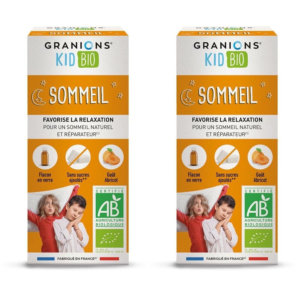 Deux boîtes GRANIONS KID BIO SOMMEIL. Inscription : Favorise la relaxation pour un sommeil naturel et réparateur. Certifié AB.