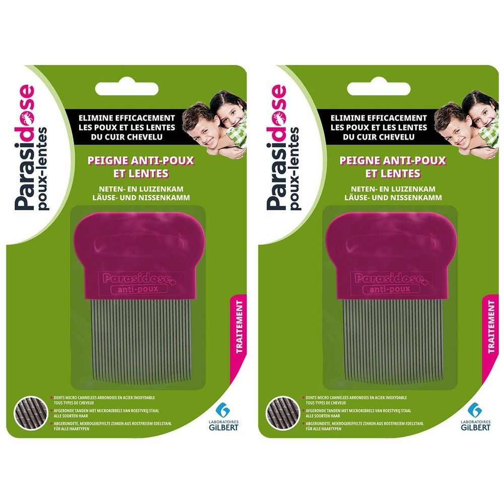 Deux boîtes de peignes à poux. Inscription: Parasidose, Peigne Anti-Poux et Lentes. Peigne violet à dents métalliques.
