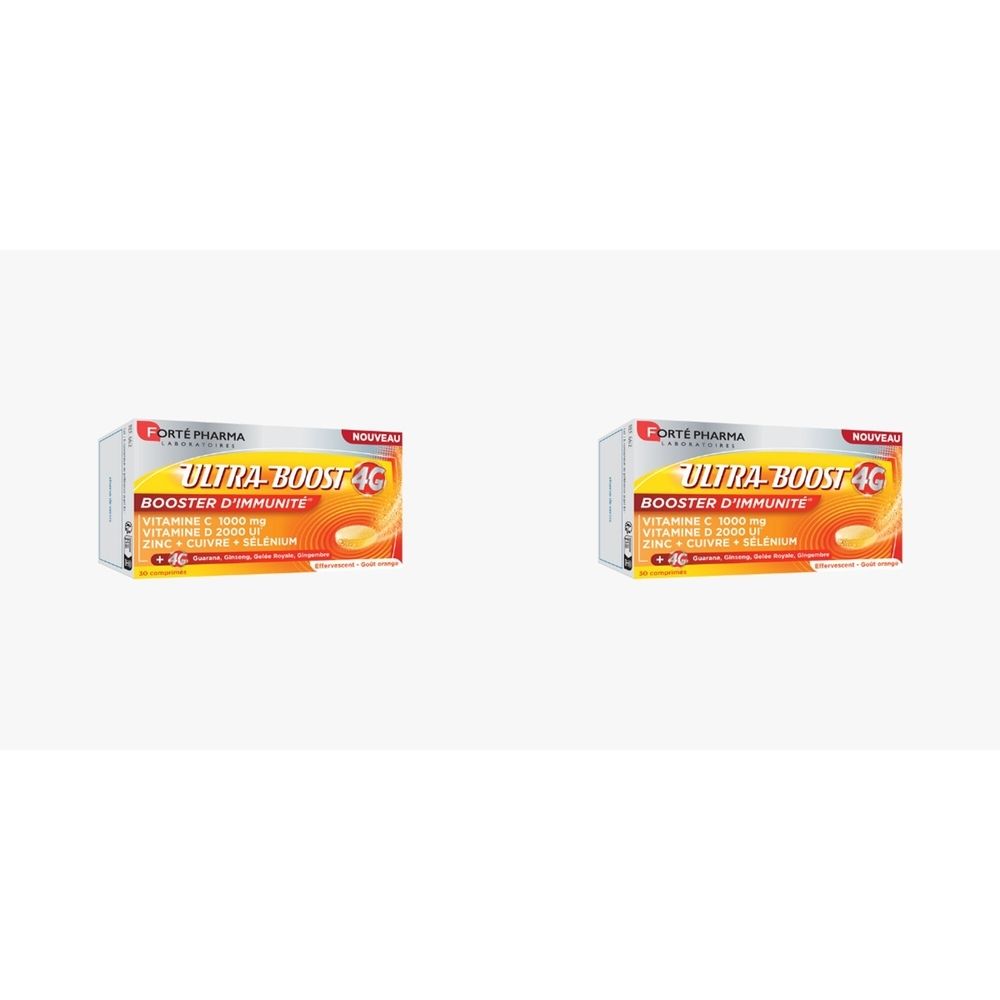 Deux boîtes Ultra Boost 4G, Booster d'Immunité. Inscription : Vitamine C, Vitamine D, Zinc, Sélénium. Emballage rectangulaire.