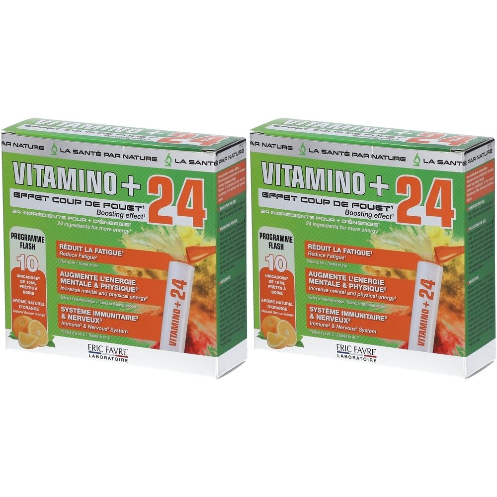 Deux boîtes VITAMINO + 24. Inscription : Réduit la fatigue, augmente l'énergie. Contient 10 sachets.