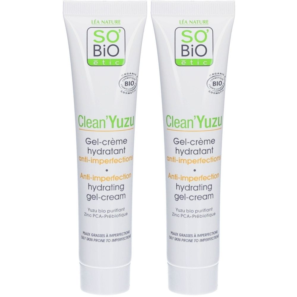 Deux tubes de gel-crème hydratant. Tubes blancs avec texte vert et noir. Certification bio. Marque SO BIO ETIC.