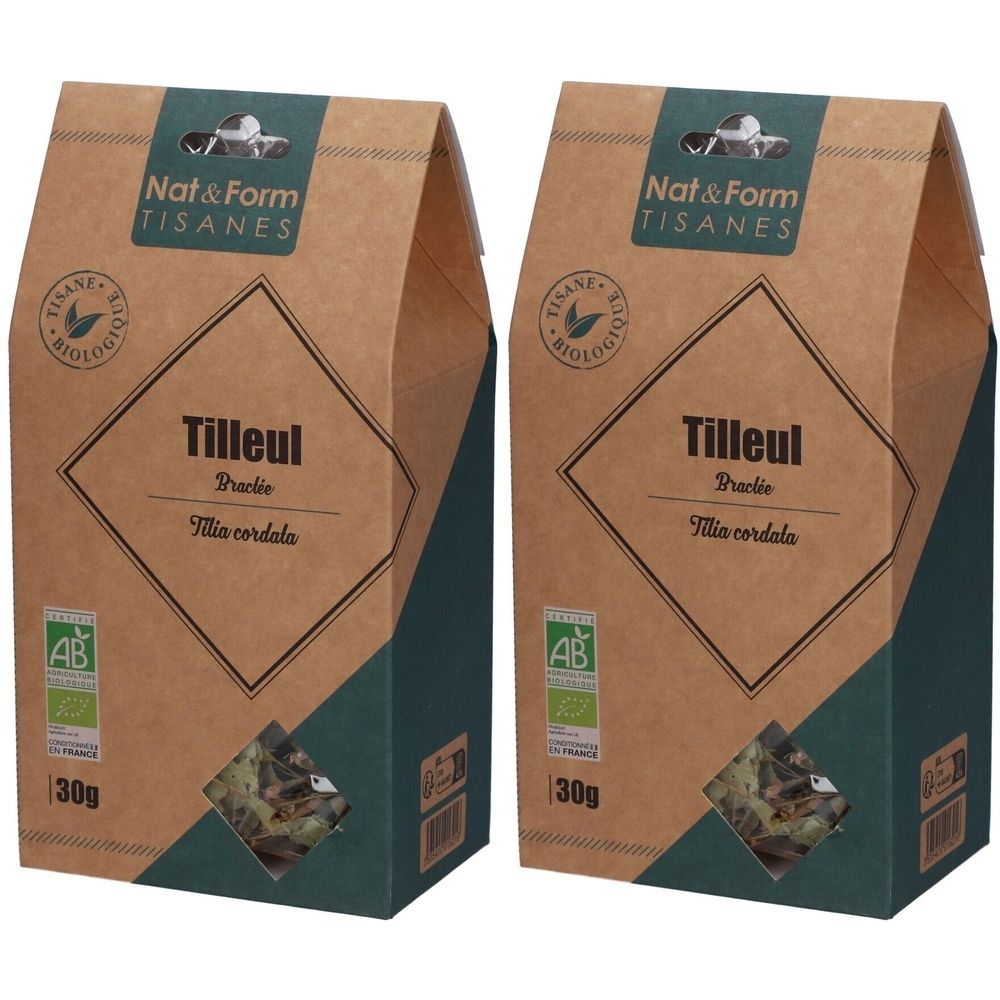 Deux sachets "Nat&Form Tisanes Tilleul". Emballage marron avec détails verts et label bio. Texte "Tilleul bractée".