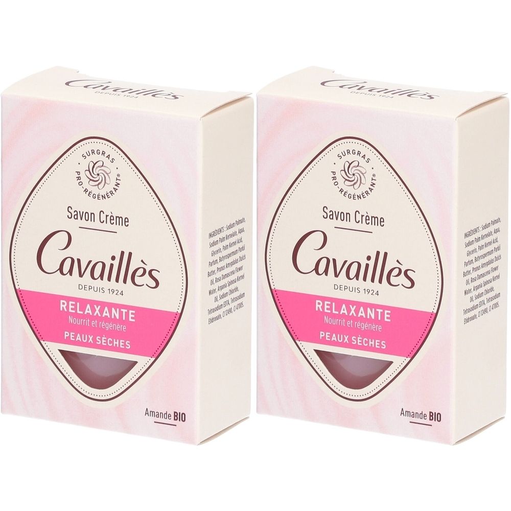 Deux boîtes rectangulaires. Inscription : Cavaillès Savon Crème Relaxante, Peaux Sèches. Design rose et blanc. Amande BIO.