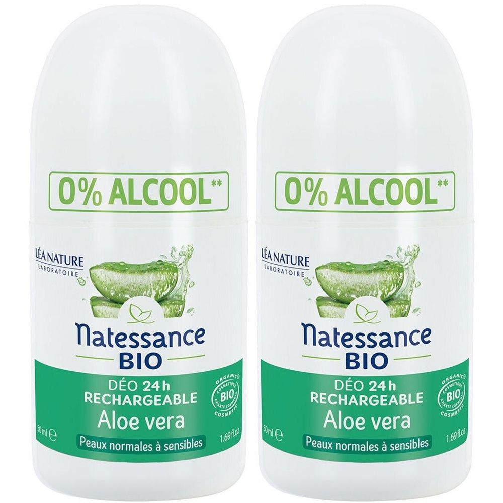 Deux déodorants roll-on blancs avec étiquette verte. Inscriptions : Natessance BIO, Aloe vera, 0% ALCOOL. Certification bio.