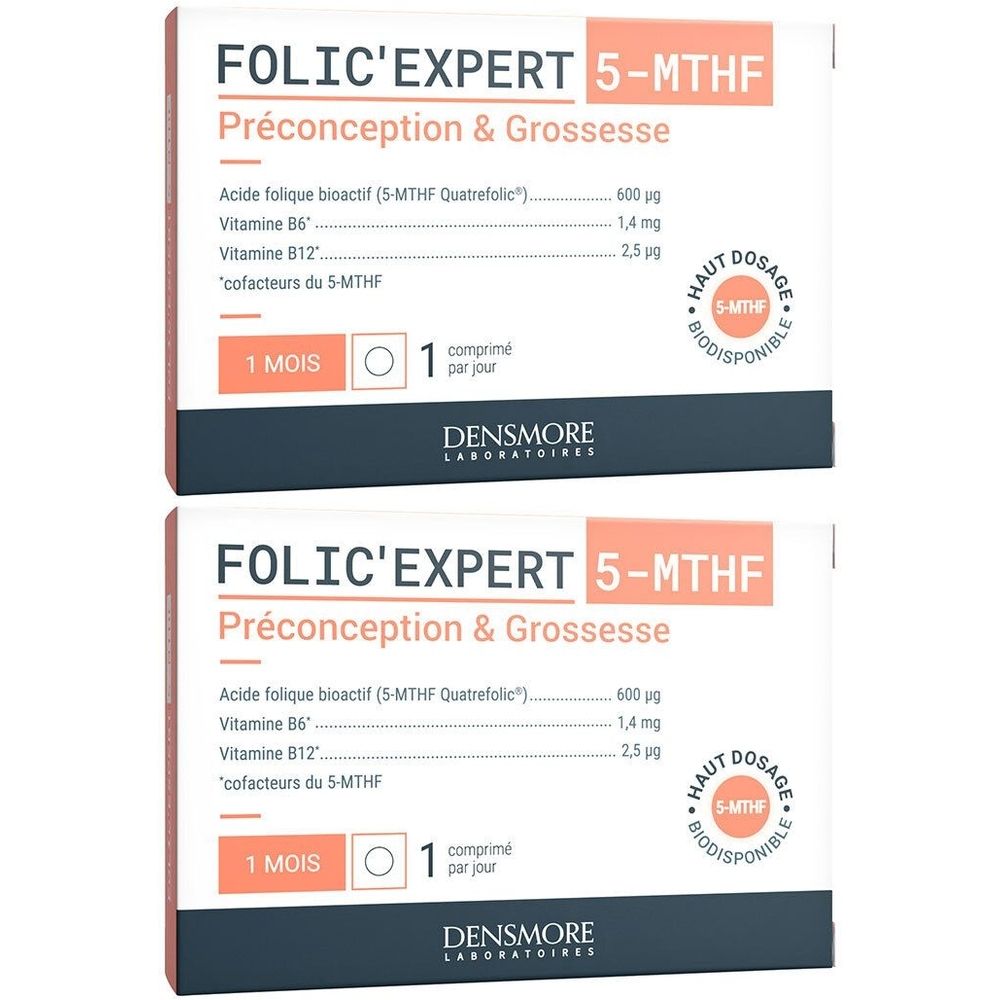 Deux boîtes FOLIC'EXPERT 5-MTHF. Préconception & Grossesse. Contient des vitamines et minéraux. Dosage élevé, biodisponible.