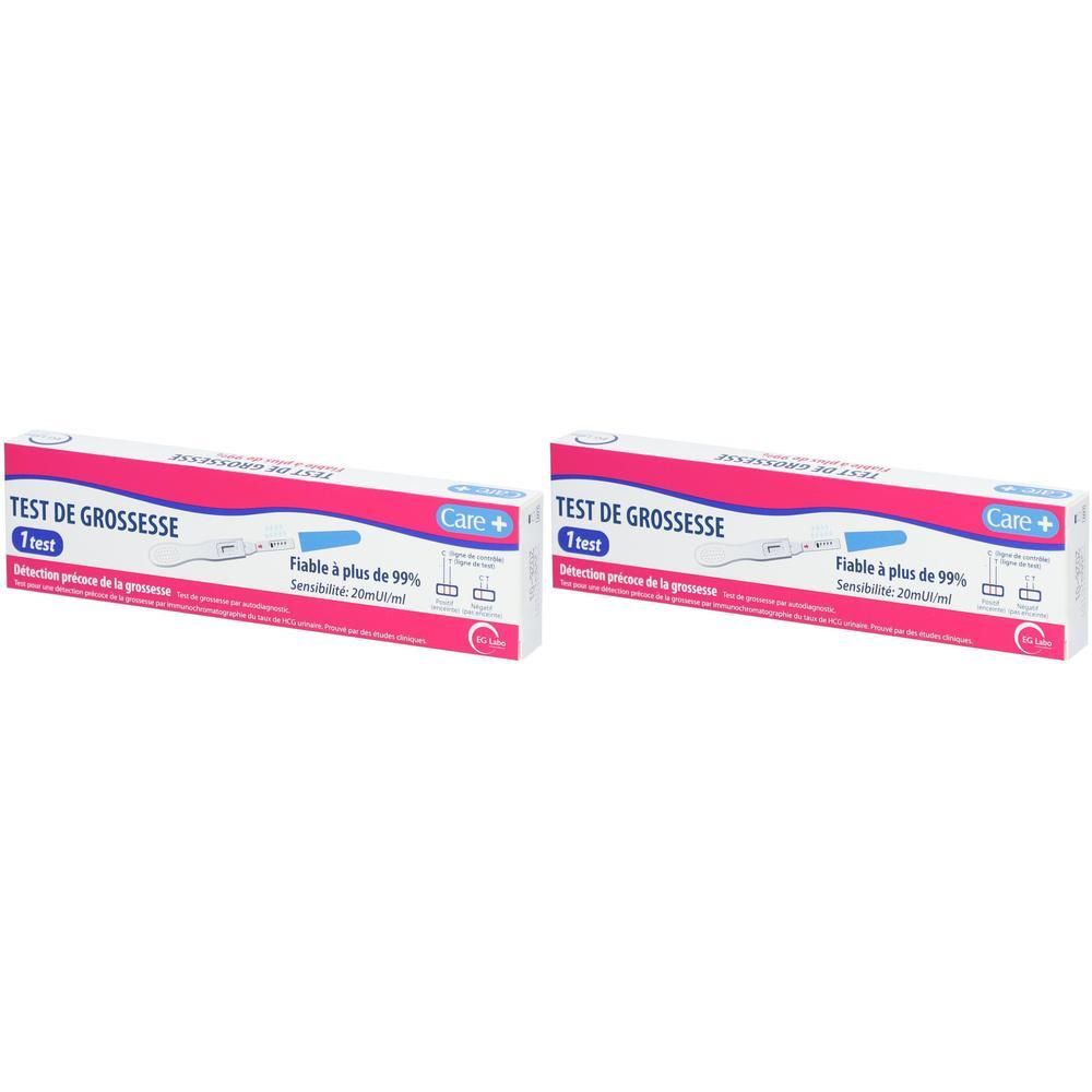 Deux boîtes de test de grossesse CARE+. Boîtes blanches avec texte rose et bleu. Test représenté.
