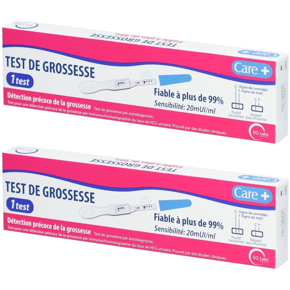 Deux boîtes de test de grossesse. Emballage rose et blanc avec nom du produit et indicateur de résultat. Marque Care+ et EG Labo.