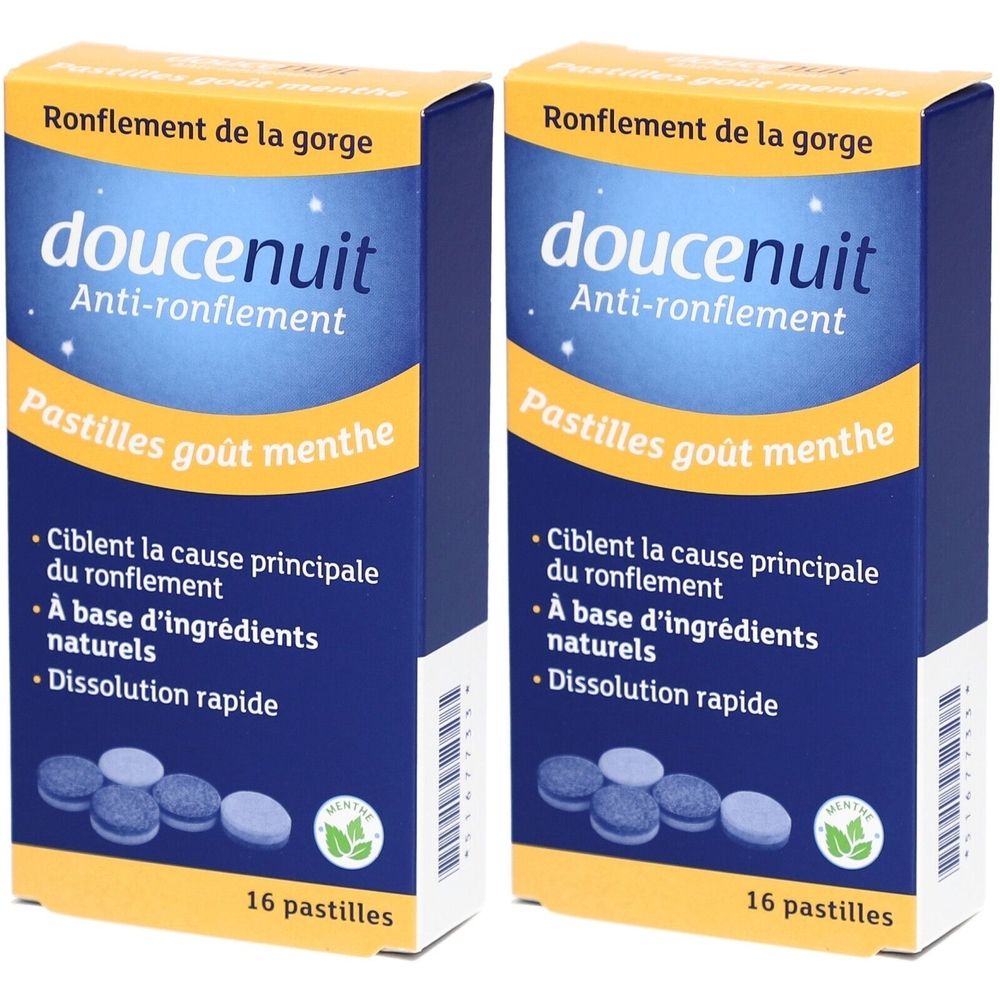 Deux boîtes de pastilles doucenuit anti-ronflement, goût menthe. Inscription: Ciblent la cause principale du ronflement. Contient 16 pastilles.