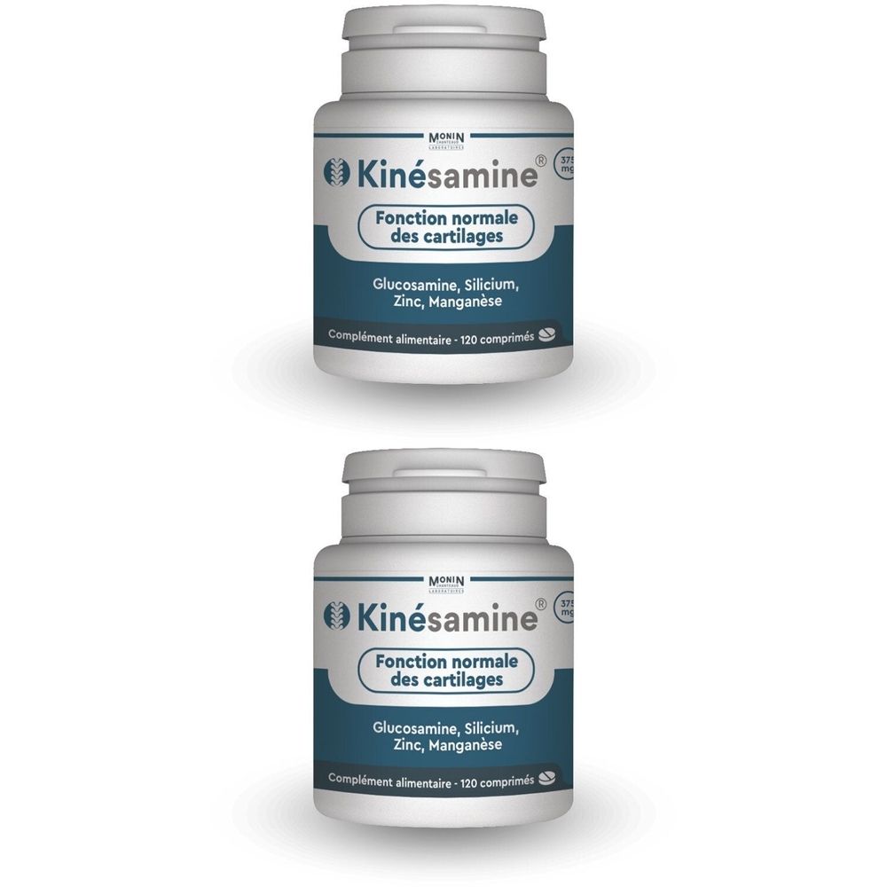 Deux flacons blancs avec étiquette bleue. Inscription: Kinésamine, Fonction normale des cartilages. Contient Glucosamine, Silicium, Zinc, Manganèse.