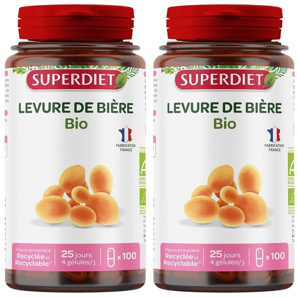 Deux flacons de compléments alimentaires. Inscription: SUPERDIET, LEVURE DE BIÈRE Bio. Contient 100 gélules. Fabrication française.