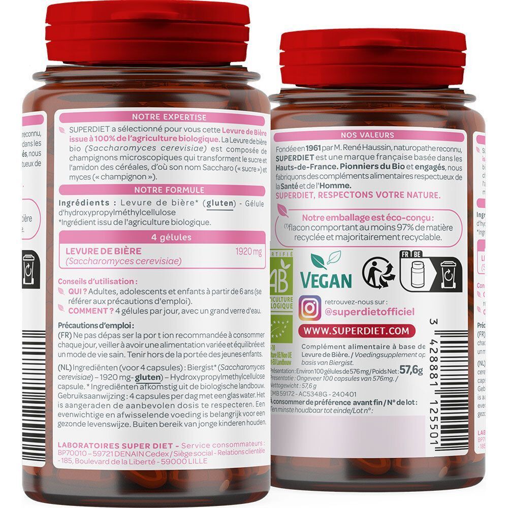 Dos de deux flacons de Superdiet Levure de Bière Bio, avec informations détaillées et logos bio.