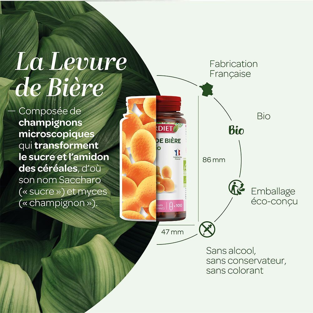 Flacon Superdiet Levure de Bière Bio à côté d'une représentation de capsules de levure, avec dimensions et logos.