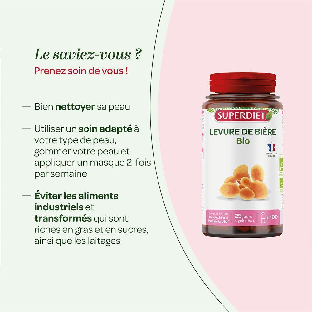 Flacon Superdiet Levure de Bière Bio à côté d'une liste de conseils santé, sur fond rose et vert.