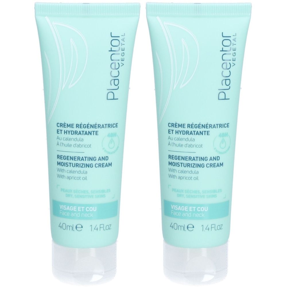 Deux tubes de crème. Tubes vert clair avec bouchon blanc. Inscription: Placentor Vegetal, Crème Régénératrice et Hydratante, 40ml.