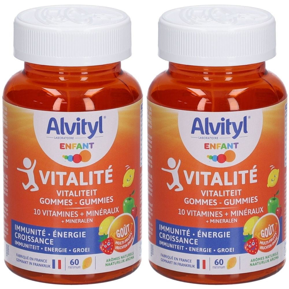 Deux flacons Alvityl Vitalité. Flacons oranges avec bouchons blancs. Inscription: Vitalité, 10 Vitamines + Minéraux, 60 gommes.