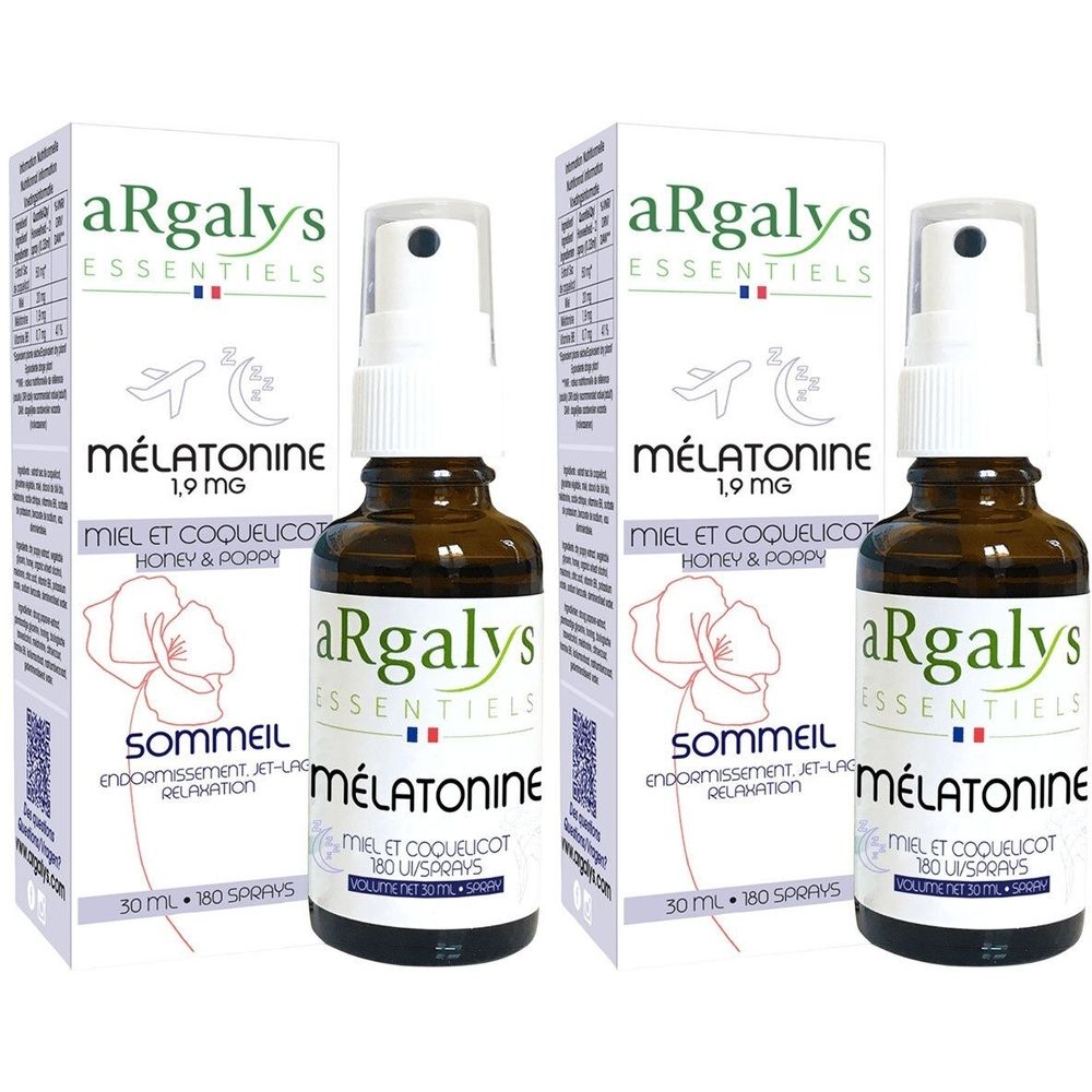 Deux flacons et emballages. Inscription : aRgalys, Mélatonine 1,9 mg, Miel et Coquelicot. Flacons spray avec tête blanche.