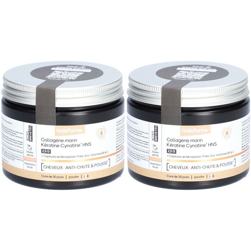 Deux pots noirs avec couvercles argentés. Étiquettes avec informations produit. Texte: Collagène marin Kératine Cynatine HNS. Anti-chute et pousse.