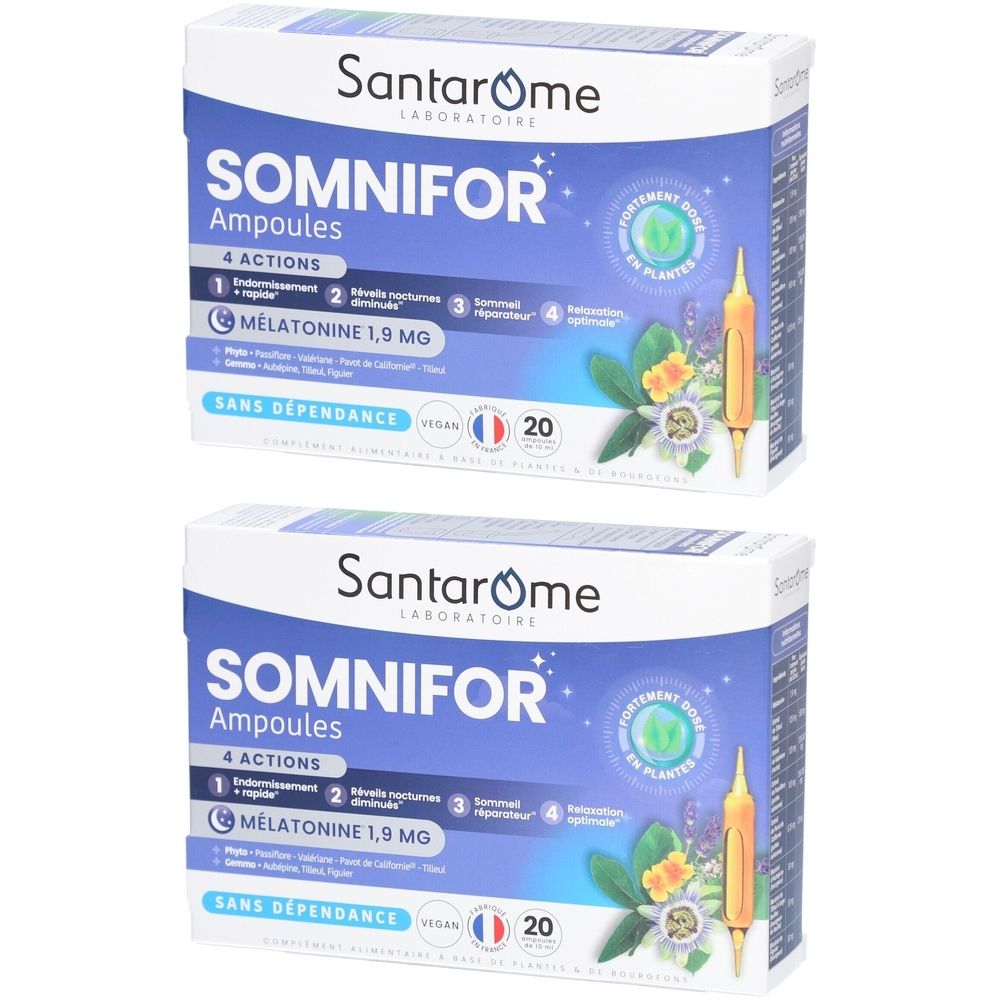 Deux boîtes de Santarome Somnifor Ampoules. Emballage bleu et blanc avec nom du produit et informations. 20 ampoules.