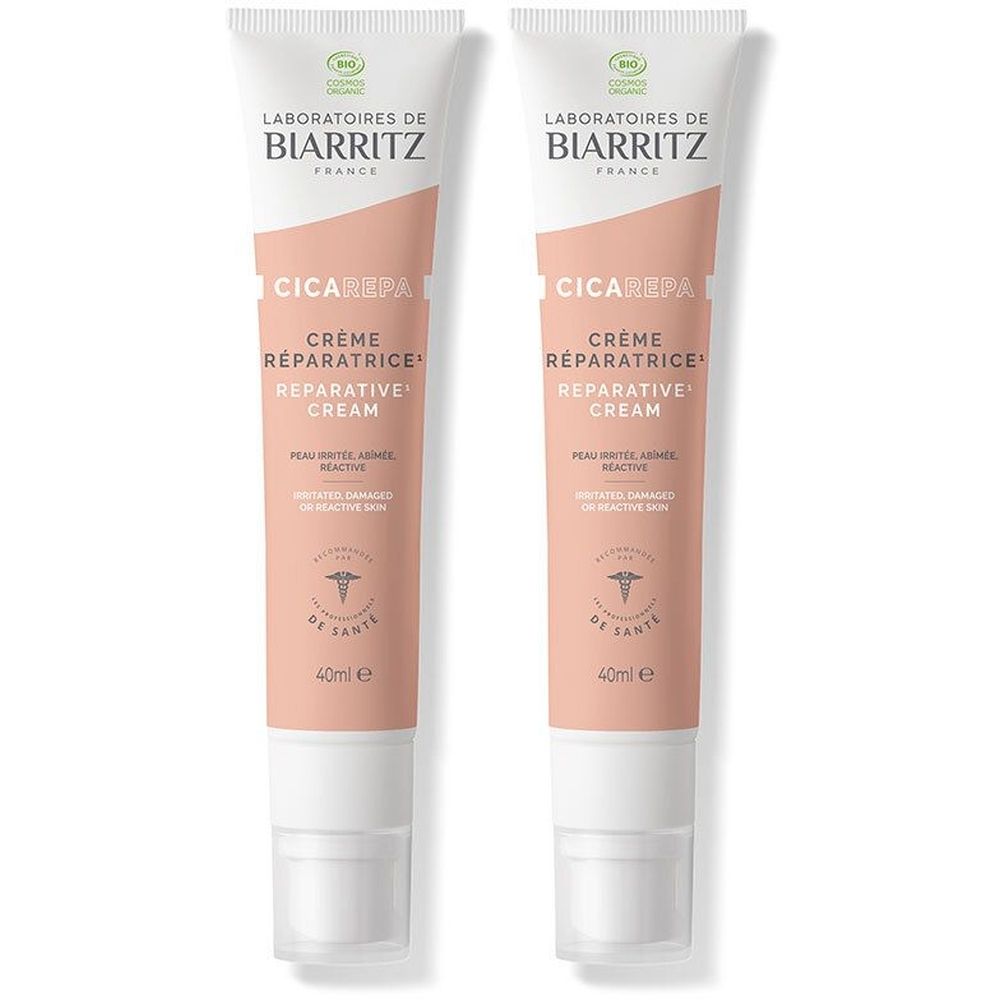 Deux tubes de crème CicaRepa Crème Réparatrice, 40ml. Logo Laboratoires de Biarritz. Pour peaux fragilisées, réactives.