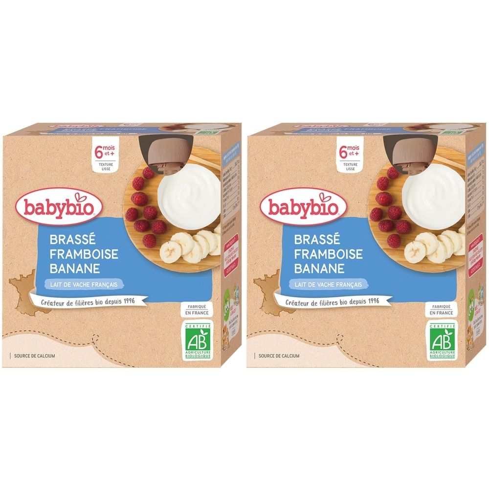 Deux boîtes Babybio BRASSÉ FRAMBOISE BANANE. Inscriptions : 6 mois, label AB, framboises, tranches de banane.