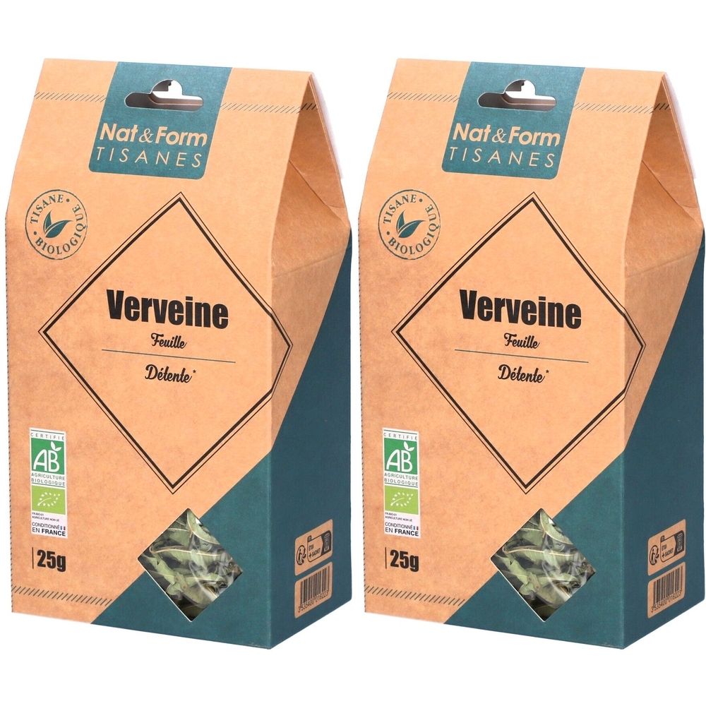 Deux sachets de tisane Verveine. Marque Nat&Form Tisanes. Label bio AB. Emballage marron et bleu. Contenance 25g.