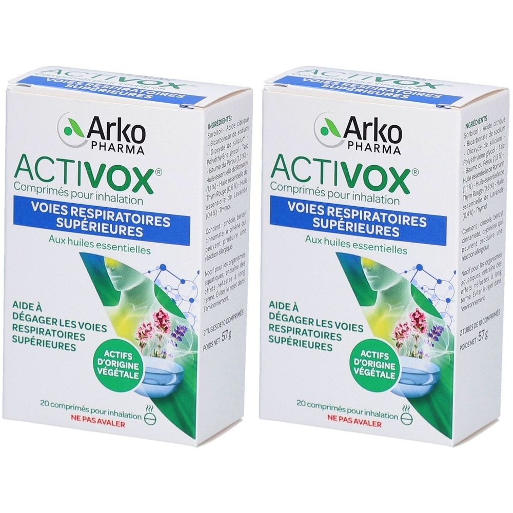 Deux boîtes blanches avec texte bleu. Inscription: ACTIVOX, VOIES RESPIRATOIRES SUPÉRIEURES. Contient 20 comprimés pour inhalation.