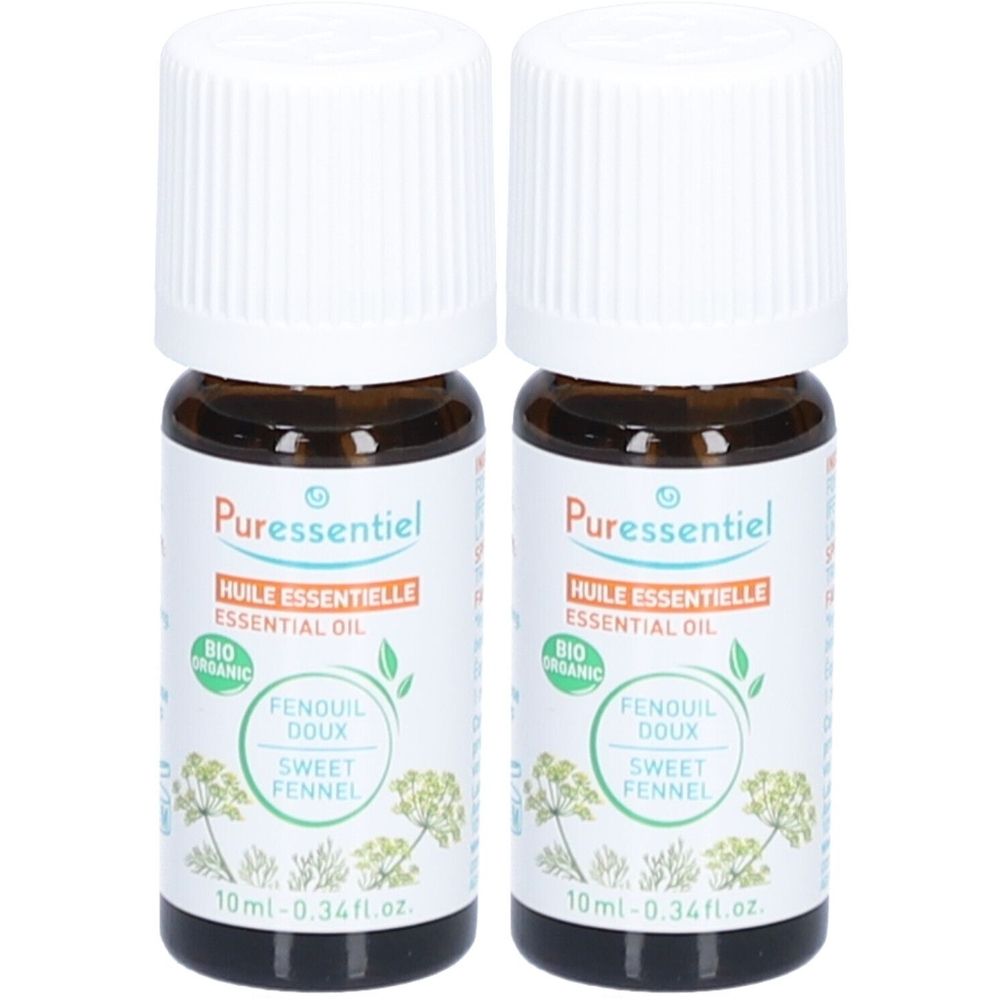 Deux flacons d'huile essentielle. Flacons en verre brun avec bouchons blancs et étiquettes. Inscription : Puressentiel, Huile essentielle, Bio.