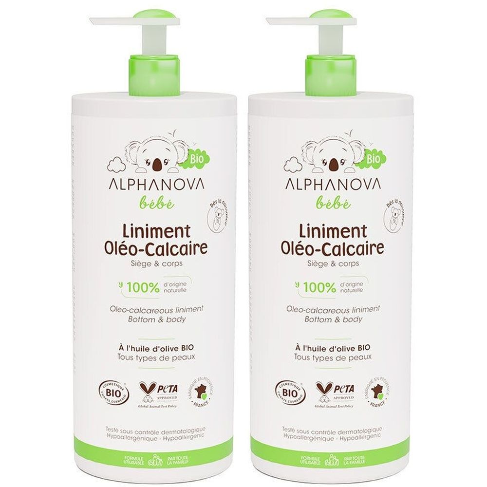 Deux flacons blancs avec pompe verte. Inscription: ALPHANOVA bébé, Liniment Oléo-Calcaire, 100% d'origine naturelle.